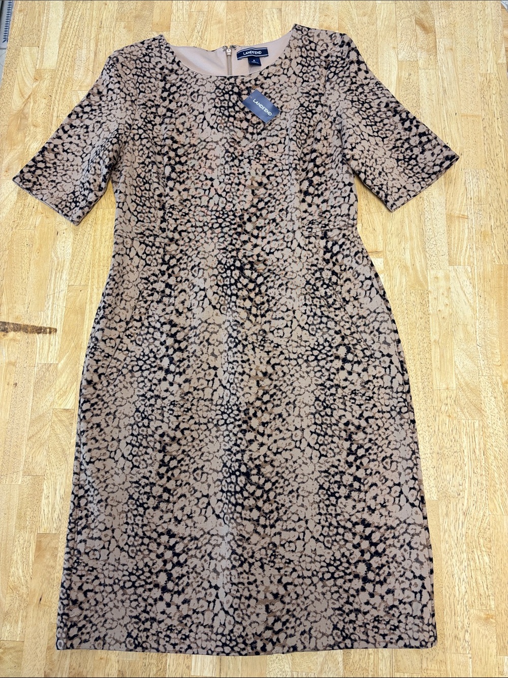 NWT Lands' End Ponte Knit Animal Print Midi Sheath Dress in Black & Beige